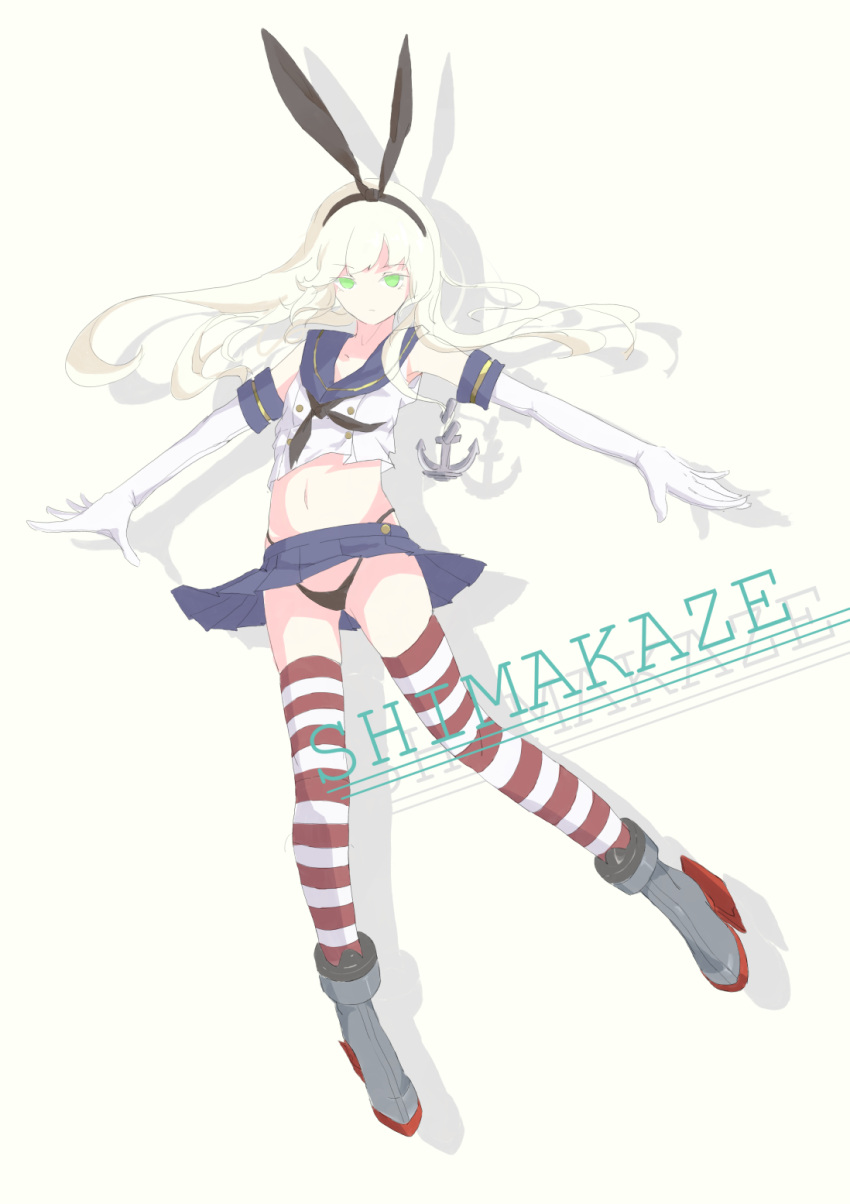1girl anchor_hair_ornament blonde_hair character_name crop_top elbow_gloves flat_color full_body gloves green_eyes hair_ornament hairband highleg highleg_panties highres inkice kantai_collection long_hair looking_at_viewer looking_to_the_side micro_panties microskirt midriff mound_of_venus navel outstretched_arms panties pleated_skirt school_uniform serafuku shadow shimakaze_(kantai_collection) simple_background skirt solo spread_arms striped striped_legwear thigh-highs thong_panties underwear white_background white_gloves