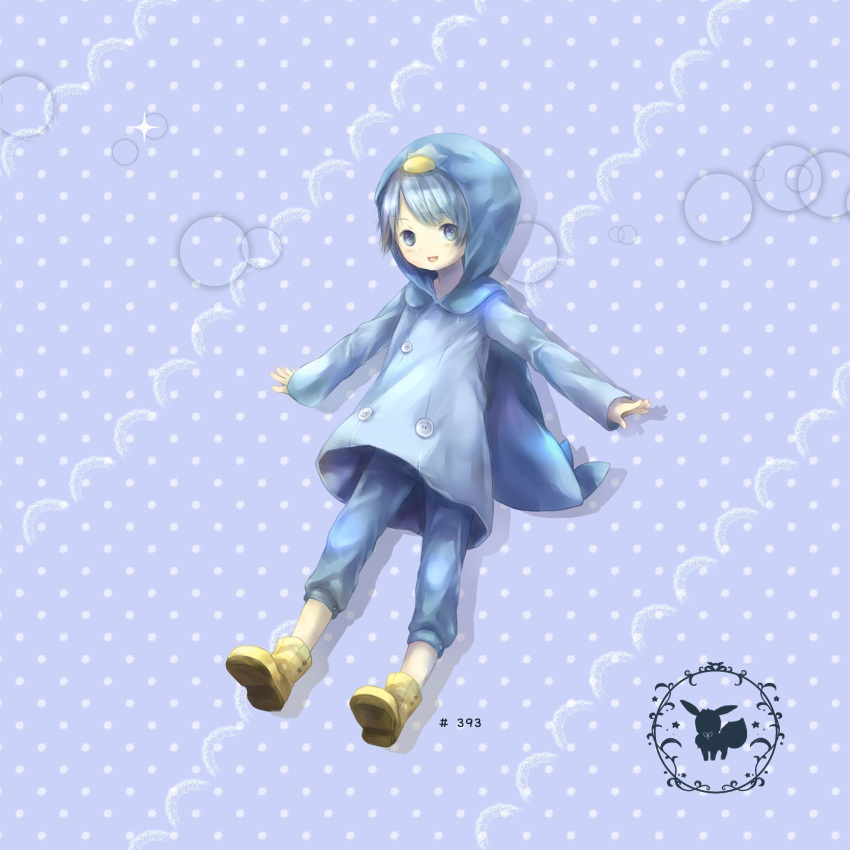 blue_clothes blue_eyes blue_hair boots eevee eyebrows_visible_through_hair highres hooded_jacket mio_(pixiv6572033) number personification piplup pokemon yellow_boots