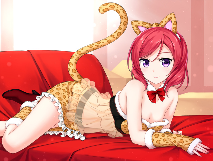 1girl animal_ears arm_warmers bare_shoulders corsage detached_collar high_heels kemonomimi_mode looking_at_viewer love_live!_school_idol_project lying miniskirt nishikino_maki on_stomach redhead see-through skirt smile solo tail tiger_ears tiger_print tiger_tail tucana violet_eyes