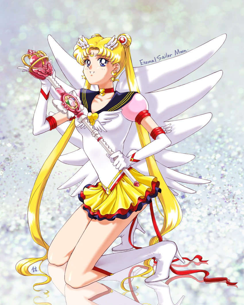1girl :d asa_(seito926) bishoujo_senshi_sailor_moon blonde_hair blue_eyes boots choker crescent double_bun earrings elbow_gloves eternal_sailor_moon eternal_tiare facial_mark forehead_mark full_body gloves hair_ornament hairclip heart high_heels highres jewelry knee_boots kneeling looking_at_viewer miniskirt multicolored_skirt open_mouth reflection reflective_floor sailor_moon skirt smile star star_earrings tsukino_usagi twintails wand white_boots white_gloves wings