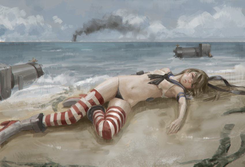 1girl beach black_panties blonde_hair closed_eyes doyora elbow_gloves flat_chest gloves hairband highres kantai_collection long_hair lying ocean panties rensouhou-chan shimakaze_(kantai_collection) solo_focus striped striped_legwear thigh-highs torn_clothes torn_thighhighs unconscious underwear white_gloves