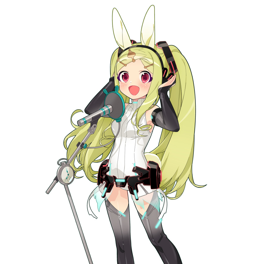 animal_ears artist_request clock cosplay detached_sleeves green_hair hands_on_headphones hatsune_miku headphones highres kokuhime_rabbit-white_(uchi_no_hime-sama_ga_ichiban_kawaii) long_hair microphone microphone_stand open_mouth red_eyes singing smile transparent_background twintails uchi_no_hime-sama_ga_ichiban_kawaii very_long_hair vocaloid vocaloid_append