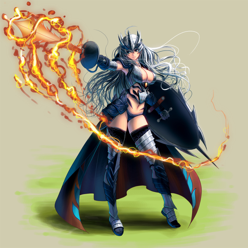 1girl blue_eyes breasts brown_background fantasy flaming_sword highres large_breasts long_hair masao navel original shield silver_hair smile solo sword thighs weapon