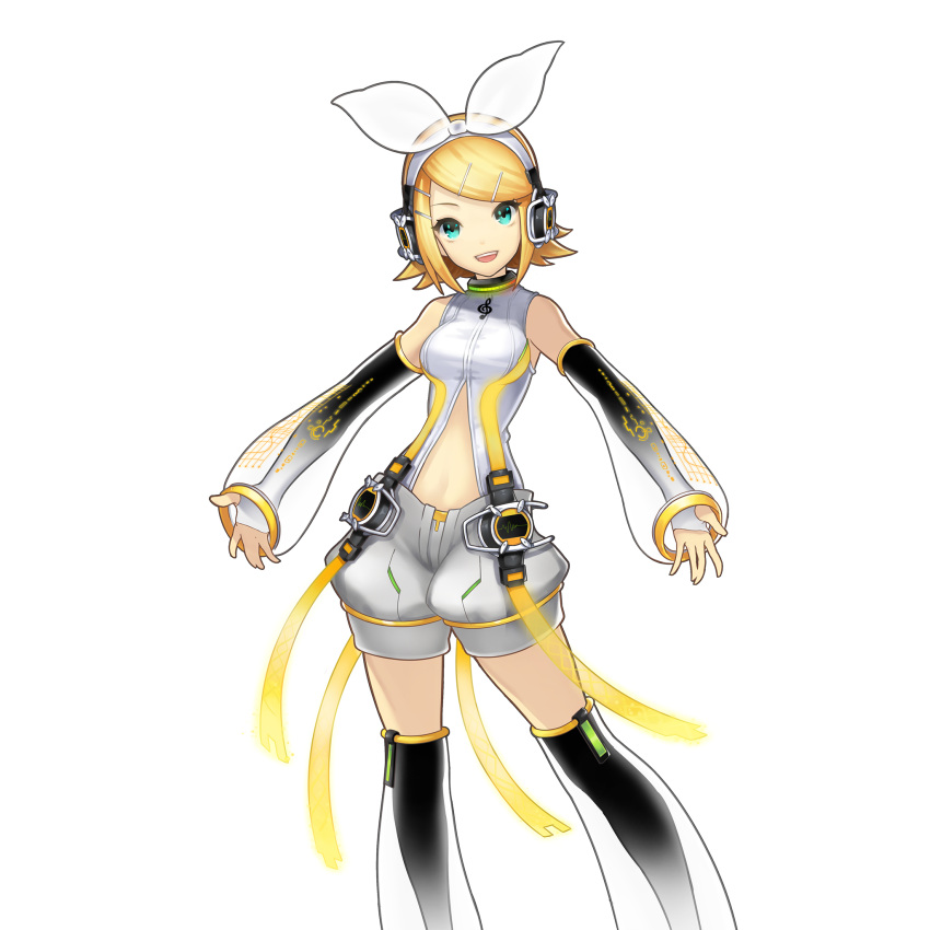 1girl aqua_eyes artist_request blonde_hair bow detached_sleeves headphones highres kagamine_rin kagamine_rin_(append) navel navel_cutout open_mouth short_hair shorts smile solo transparent_background uchi_no_hime-sama_ga_ichiban_kawaii vocaloid vocaloid_append