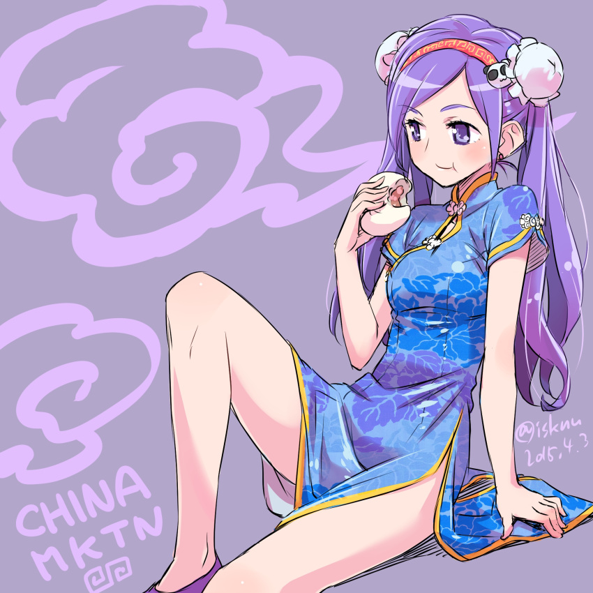 1girl aono_miki china_dress chinese_clothes eating food fresh_precure! highres isedaichi_ken long_hair nikuman precure purple_hair solo violet_eyes