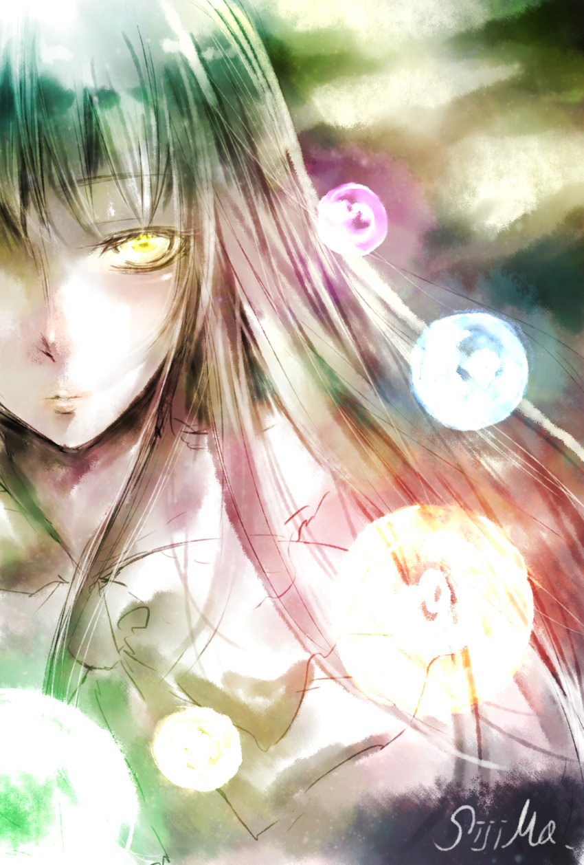 1girl artist_name black_hair bow branch colored expressionless glowing glowing_eye highres hime_cut houraisan_kaguya japanese_clothes kimono lips long_hair looking_at_viewer nose out_of_frame parted_lips sijima sketch solo touhou upper_body yellow_eyes