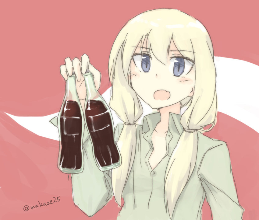 1girl blonde_hair blush bottle carla_j_luksic collarbone dress_shirt drink fang holding long_hair long_sleeves low_twintails makaze_hoihoi_chaahan_joutai open_mouth shirt solo strike_witches twintails twitter_username violet_eyes