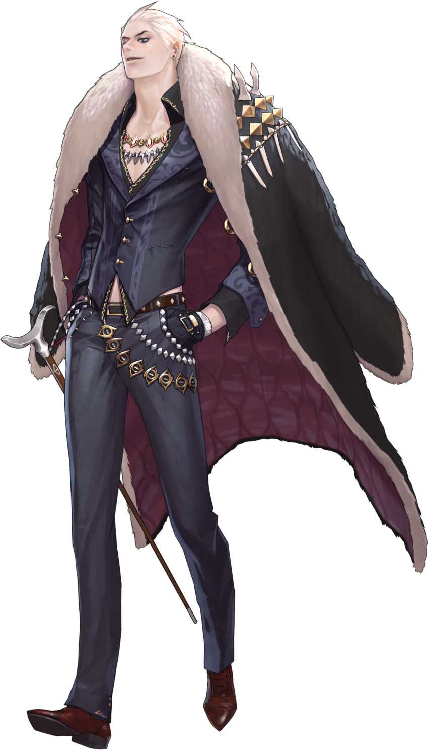 1boy alternate_costume artist_request belt chaos_online earrings eldin gloves highres jewelry male_focus necklace official_art parted_lips shoes short_hair simple_background solo transparent_background walking walking_stick