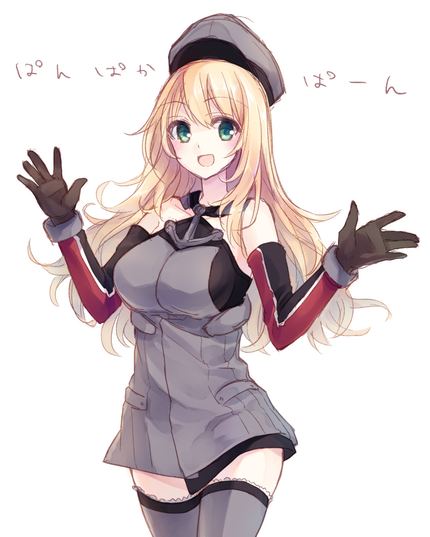 1girl anchor atago_(kantai_collection) bare_shoulders beret bismarck_(kantai_collection) bismarck_(kantai_collection)_(cosplay) blonde_hair breasts brown_gloves choco_(choco-la) cowboy_shot detached_sleeves dress gloves green_eyes grey_dress grey_legwear hat highres kantai_collection large_breasts long_hair looking_at_viewer military military_hat military_uniform pan-pa-ka-paaan! peaked_cap simple_background solo thigh-highs uniform white_background