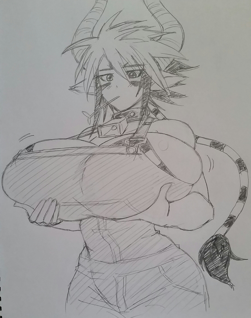 1girl animal_ears bell bell_collar breasts collar cow_bell cow_ears cow_girl cow_horns cowboy_shot gigantic_breasts highres horns long_hair matsu-sensei monochrome monster_girl monster_musume_no_iru_nichijou mouth_hold overalls ponytail sketch solo straw traditional_media very_long_hair