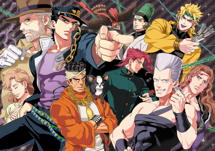 dio_brando hierophant_green iggy_(jojo) jean_pierre_polnareff jojo_no_kimyou_na_bouken kakyouin_noriaki knife kuujou_holly kuujou_joutarou mohammed_avdol obusare pet_shop pointing stand_(jojo) terence_trent_d'arby vanilla_ice