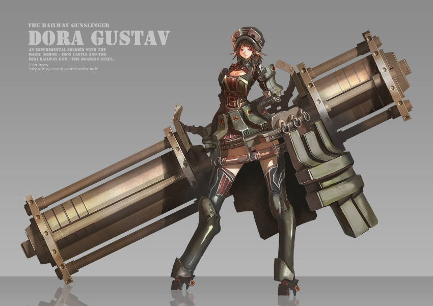 1girl absurdres breasts brown_eyes brown_hair cleavage cleavage_cutout commentary full_body gun hat highres huge_weapon len_brew long_legs pixiv_fantasia pixiv_fantasia_t pointy_ears reflective_floor solo weapon