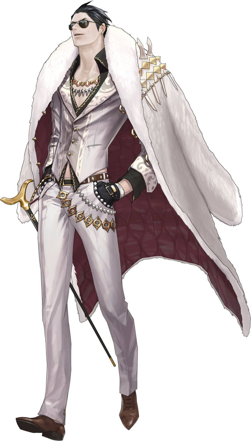 1boy alternate_costume artist_request belt black_hair chaos_online earrings eldin gloves highres jewelry male_focus necklace official_art parted_lips shoes short_hair simple_background solo sunglasses transparent_background walking walking_stick