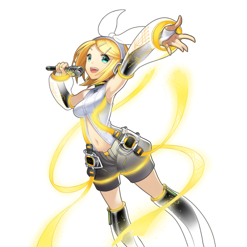 1girl aqua_eyes artist_request blonde_hair bow detached_sleeves headphones highres kagamine_rin kagamine_rin_(append) microphone navel navel_cutout open_mouth short_hair shorts smile solo transparent_background uchi_no_hime-sama_ga_ichiban_kawaii vocaloid vocaloid_append