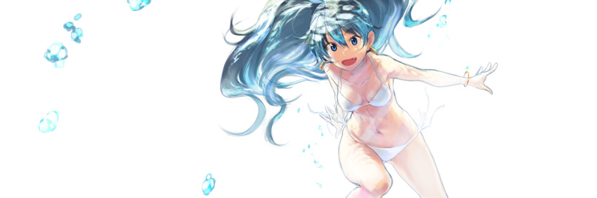 1girl aqua_hair backlighting big_hair bikini blue_eyes bracelet bubble collarbone earrings fang jewelry light_rays long_hair looking_at_viewer navel open_mouth original outstretched_arm side-tie_bikini smile solo swimsuit underwater uro_(uro_zi) very_long_hair white_background white_bikini white_swimsuit