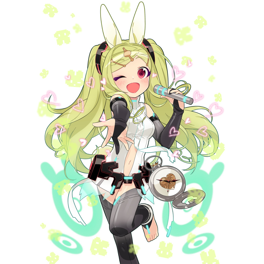 animal_ears artist_request clock cosplay detached_sleeves green_hair hatsune_miku highres kokuhime_rabbit-white_(uchi_no_hime-sama_ga_ichiban_kawaii) long_hair microphone one_eye_closed open_mouth red_eyes singing smile transparent_background twintails uchi_no_hime-sama_ga_ichiban_kawaii very_long_hair vocaloid vocaloid_append