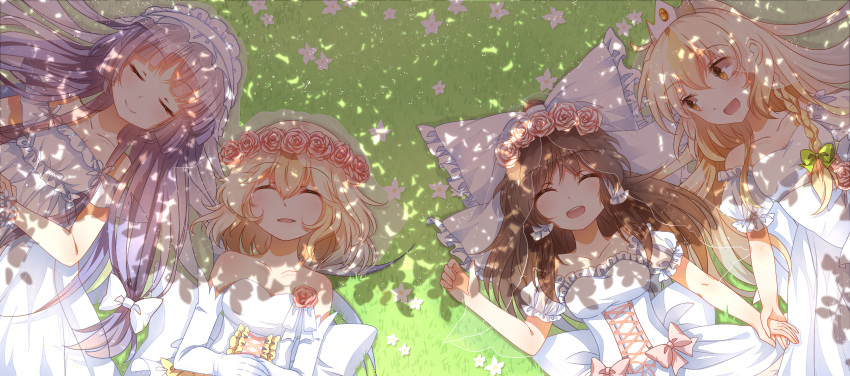 3000_xiao_chun 4girls absurdres alice_margatroid alternate_costume bare_shoulders blonde_hair bow braid bridal_veil bride brown_hair closed_eyes collarbone corsage dappled_sunlight dress elbow_gloves flower flower_wreath gloves grass hair_bow hair_ribbon hair_tubes hakurei_reimu hands_on_stomach happy highres holding_hands kirisame_marisa lavender_hair long_hair looking_at_another lying multiple_girls on_back open_mouth parted_lips patchouli_knowledge pink_rose ribbon rose short_hair single_braid smile strapless_dress tiara touhou tress_ribbon veil wedding_dress yellow_eyes yuri