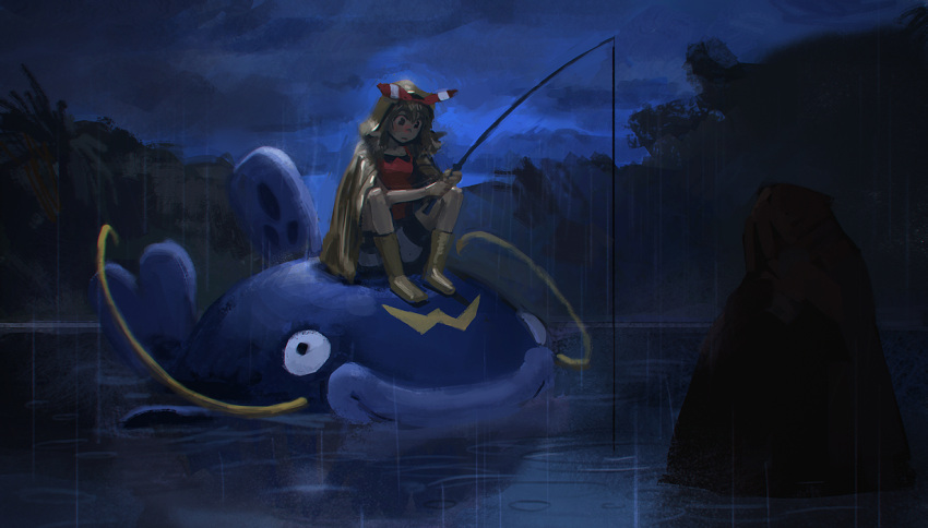 1girl blue_eyes brown_hair doyora fishing fishing_rod hairband haruka_(pokemon) pokemon pokemon_(game) rain raincoat shorts sitting water wellington whiscash