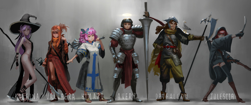 1boy 5girls animal_on_shoulder armor bird bird_on_shoulder borrowed_character breasts butterfly_hair_ornament chainmail character_name commentary dagger doyora drill_hair dual_wielding dungeons_and_dragons faulds full_armor full_body glaive gun hair_ornament halberd halo hat helmet highres hood kaleina_(ricegnat) lance lineup long_hair mace multiple_girls original over_shoulder pauldrons pink_hair planted_weapon pointy_ears polearm purple_hair quiver rapier revealing_clothes reverse_grip rifle sakuraba_himari sarong seagull sideboob sword tabard twin_drills vallaera weapon weapon_over_shoulder witch_hat