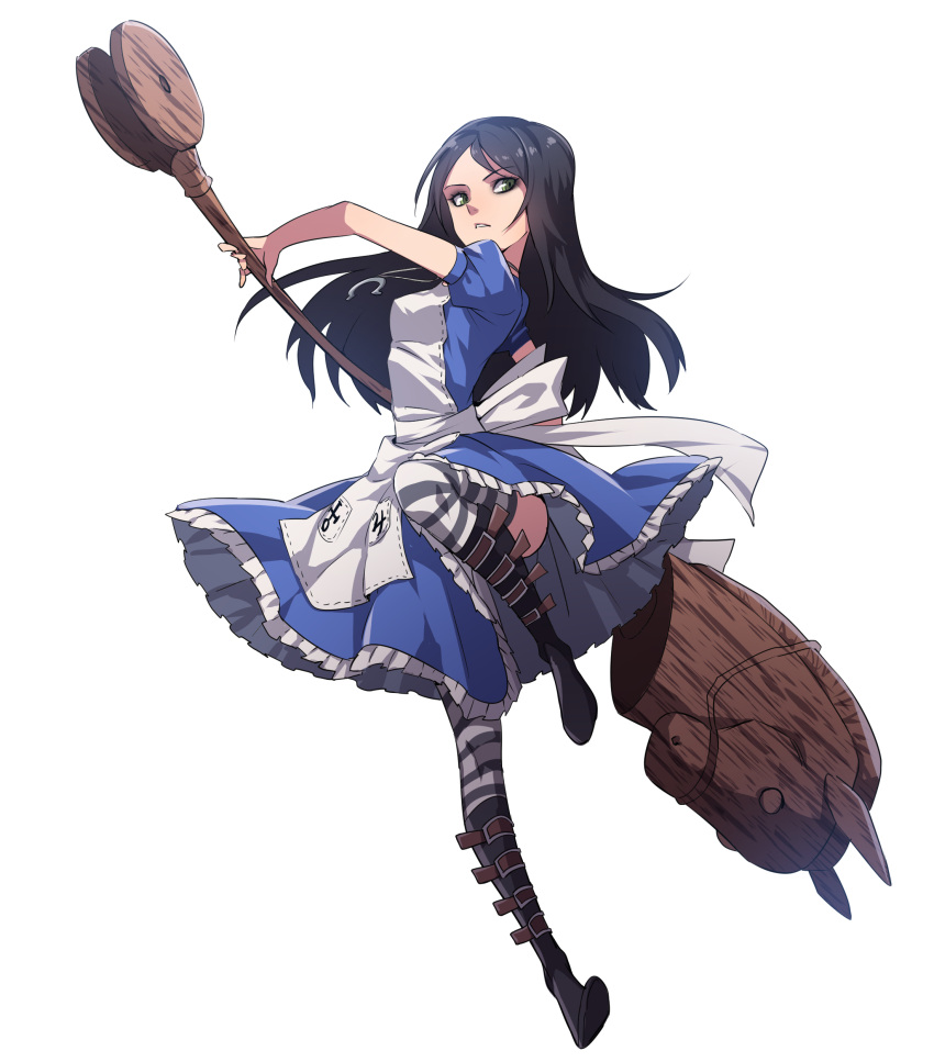 1girl absurdres alice:_madness_returns alice_(wonderland) alice_in_wonderland american_mcgee's_alice apron black_boots black_hair boots dress full_body green_eyes highres long_hair puffy_short_sleeves puffy_sleeves short_sleeves simple_background solo striped striped_legwear supernew thigh-highs white_background