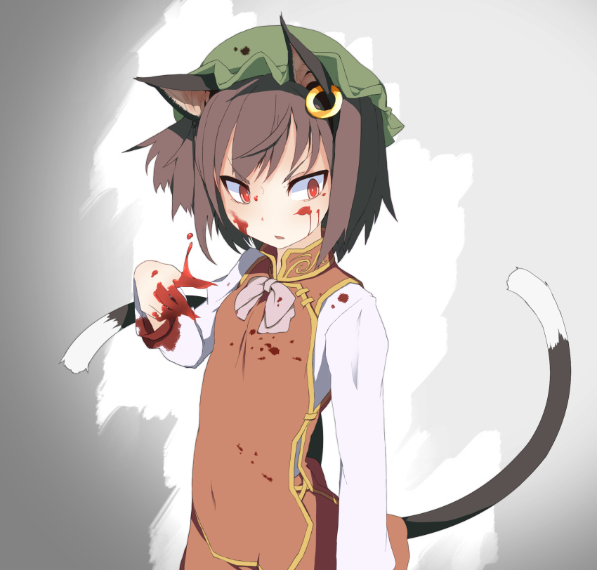 1girl animal_ears blood blood_on_face bloody_hands brown_hair cat_ears cat_tail chen chinese_clothes earrings hat highres jewelry multiple_tails open_mouth red_eyes short_hair solo sorairo_usagi tail touhou