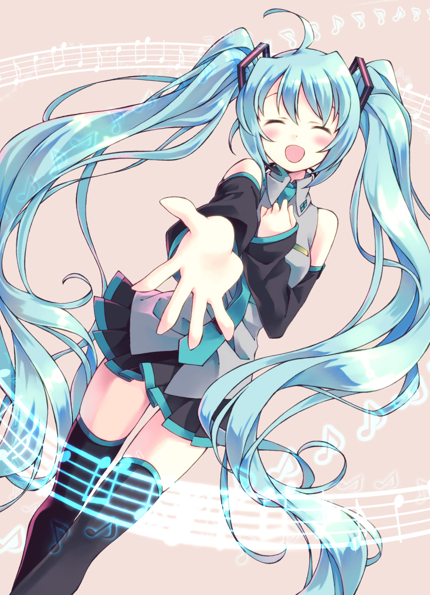 ^_^ ahoge aqua_hair bare_shoulders black_legwear black_skirt blush boots choco_(choco-la) closed_eyes collared_shirt detached_sleeves dutch_angle facing_viewer hand_on_own_chest hatsune_miku highres long_hair musical_note necktie open_mouth outstretched_hand pleated_skirt shirt skirt thigh-highs thigh_boots twintails very_long_hair vocaloid