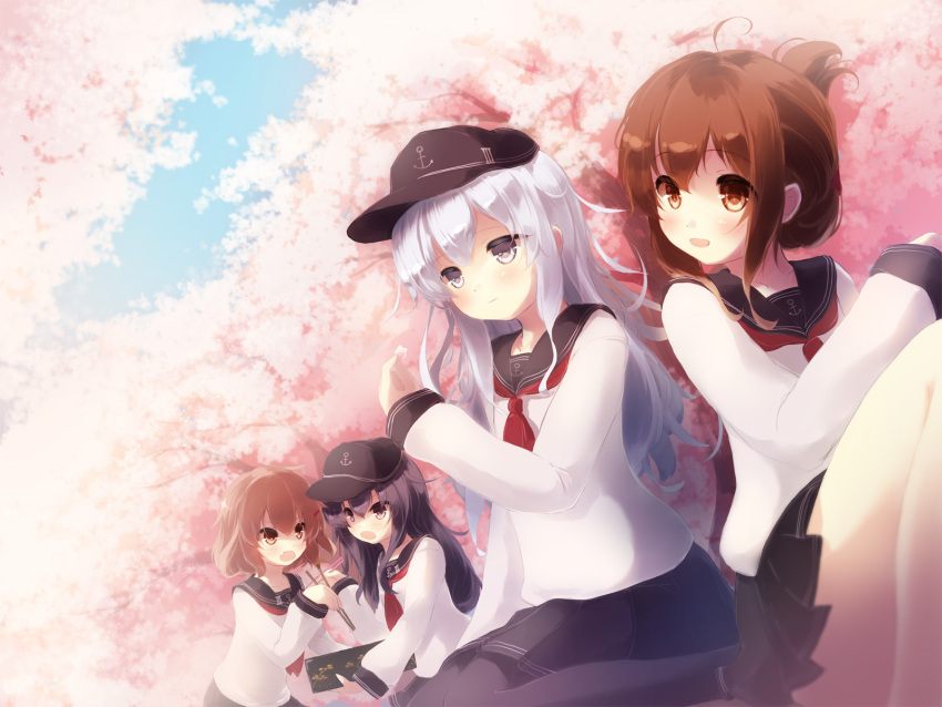 4girls akatsuki_(kantai_collection) black_hair blue_eyes brown_hair gengetsu_chihiro hat hibiki_(kantai_collection) highres ikazuchi_(kantai_collection) inazuma_(kantai_collection) kantai_collection long_hair multiple_girls school_uniform serafuku short_hair silver_hair