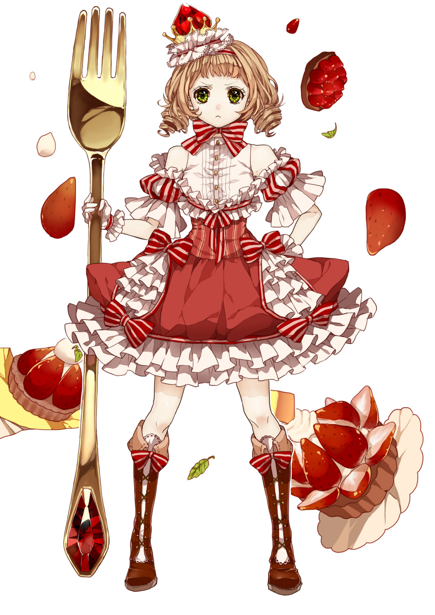 &gt;:&lt; 1girl :&lt; bangs blonde_hair blunt_bangs boots bow cross-laced_footwear crown detached_sleeves dress drill_hair food food_themed_clothes fork frilled_dress frills fruit full_body gem green_eyes hand_on_hip highres holding_fork knee_boots lace-up_boots leaf looking_at_viewer massuru neck_ribbon original pale_skin pastry ribbon simple_background strawberry twin_drills white_background