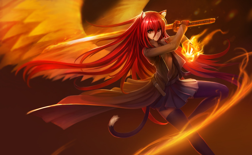 1girl animal_ears cat_ears cat_tail hanshu highres katana long_hair red_eyes redhead shakugan_no_shana shana solo sword tail thigh-highs weapon wings