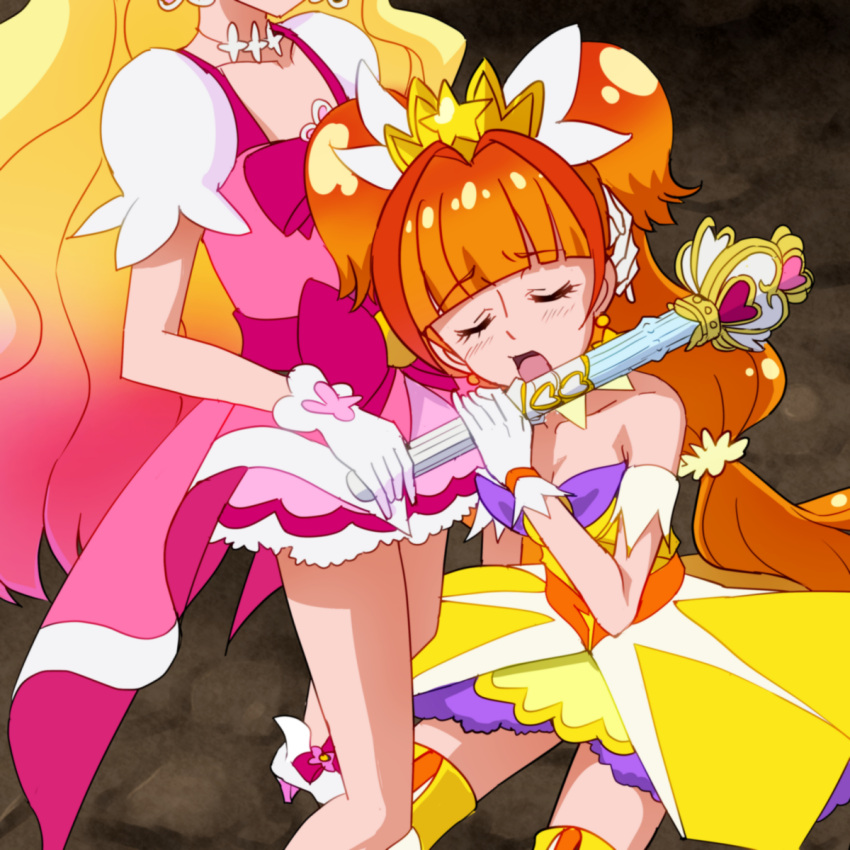 2girls amanogawa_kirara bare_shoulders blonde_hair blush choker closed_eyes cure_flora cure_twinkle gloves go!_princess_precure gradient_hair haruno_haruka highres licking long_hair magical_girl mont_blanc_(heartcatch_ayaya) multicolored_hair multiple_girls open_mouth orange_hair pink_hair precure redhead sexually_suggestive twintails two-tone_hair white_gloves