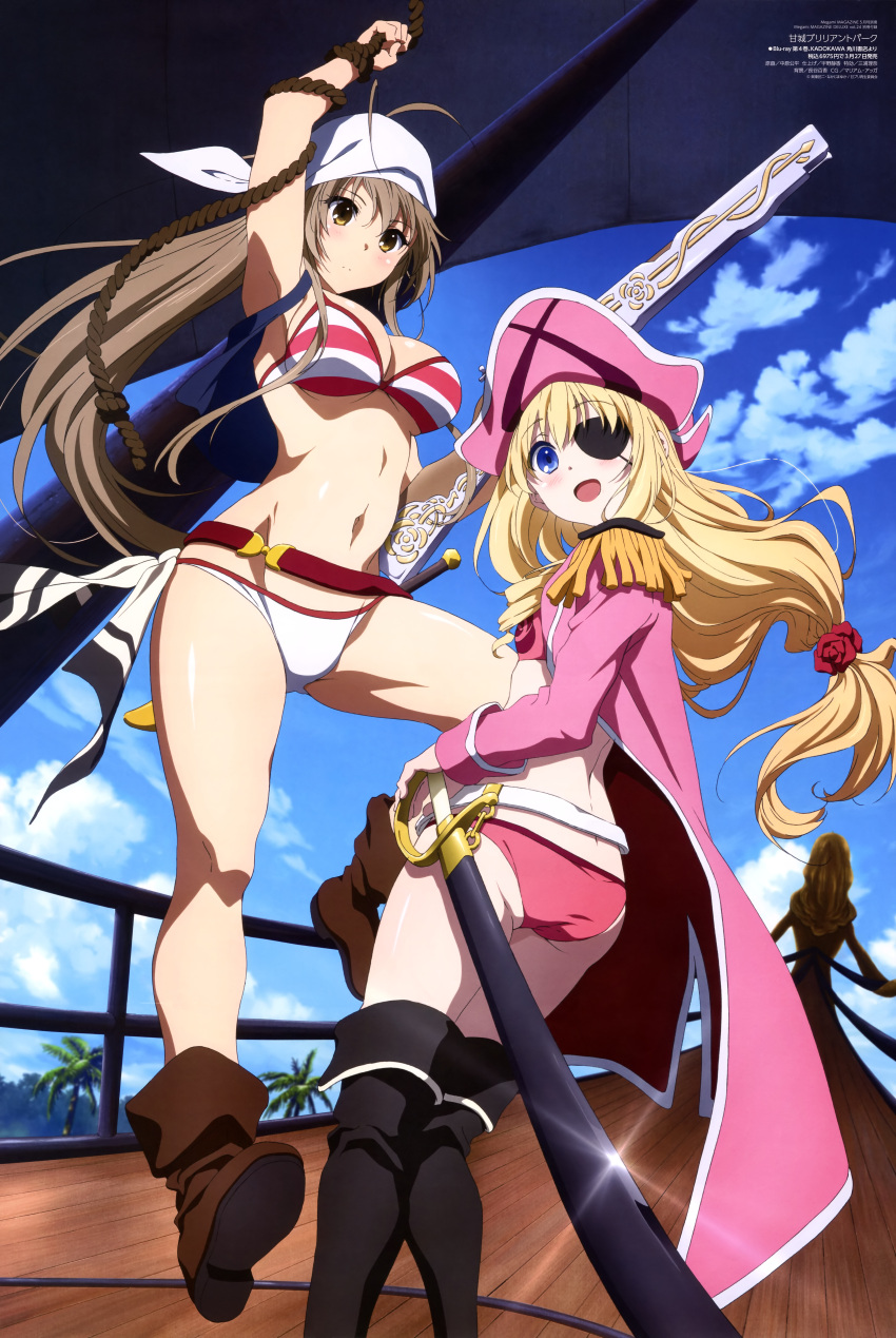 absurdres amagi_brilliant_park bikini boots eyepatch gun hat highres latifa_fleuranza pirate_hat rifle sento_isuzu swimsuit sword weapon