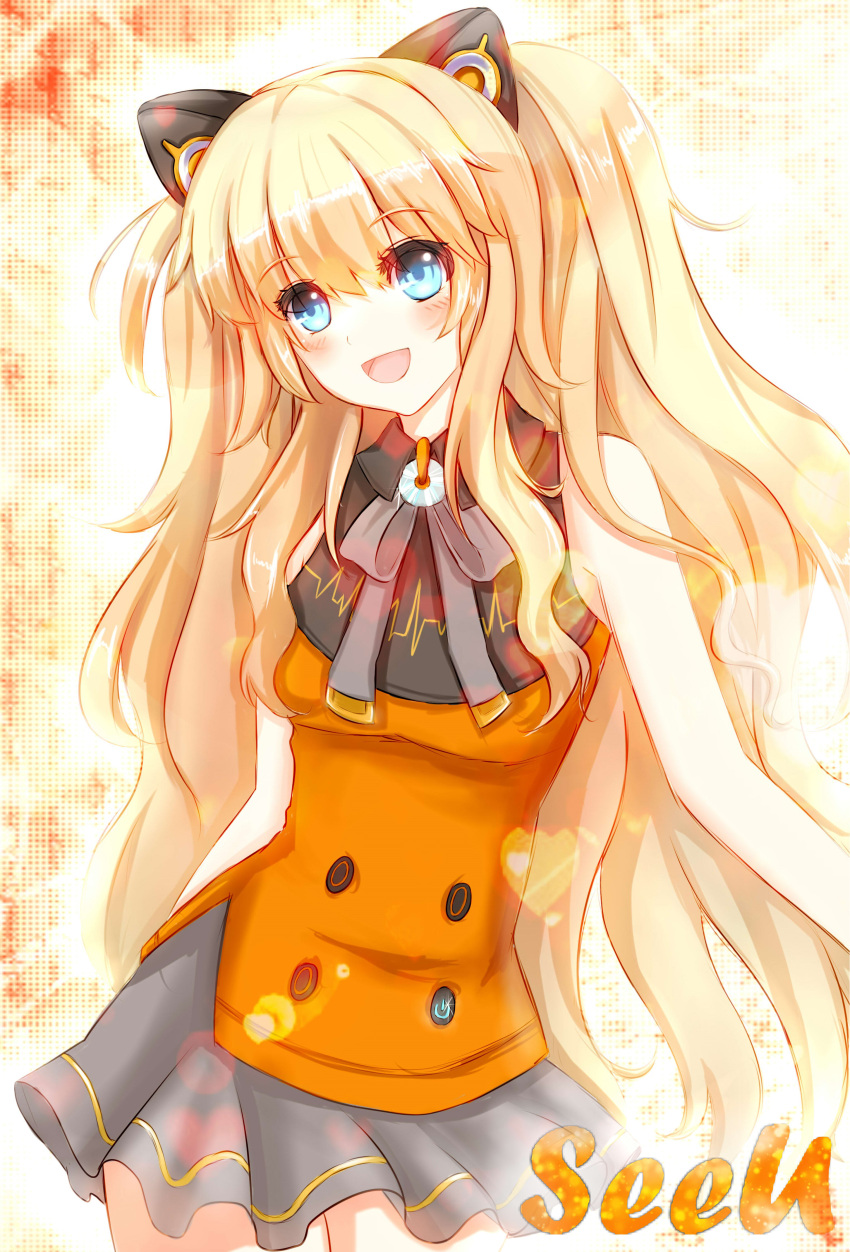 1girl absurdres animal_ears blonde_hair blue_eyes blush cat_ears contrapposto cowboy_shot highres long_hair natalie_(xct860610) open_mouth seeu skirt smile solo very_long_hair vocaloid