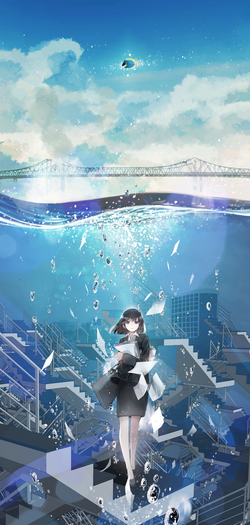1girl absurdres black_hair blue_eyes bridge briefcase bubble chris4708 commentary_request flying_fish formal highres looking_at_viewer no_socks office_lady original papers skirt_suit solo stairway suit tropical_fish underwater underwater_city