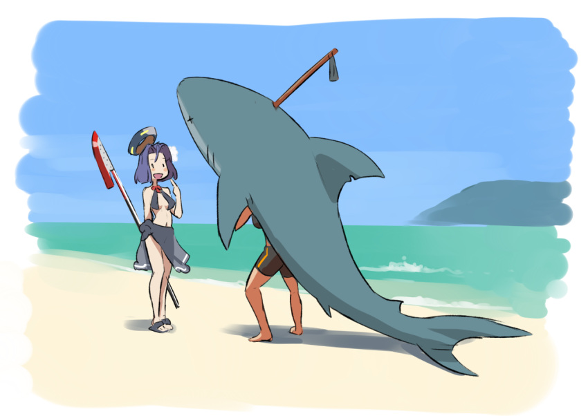 2girls :d alternate_costume beach bike_shorts blush_stickers commentary_request dark_skin harpoon kantai_collection mechanical_halo mikoyan mirai_shounen_conan multiple_girls open_mouth polearm purple_hair sandals sarong shark short_hair smile spear swimsuit tatsuta_(kantai_collection) tenryuu_(kantai_collection) weapon