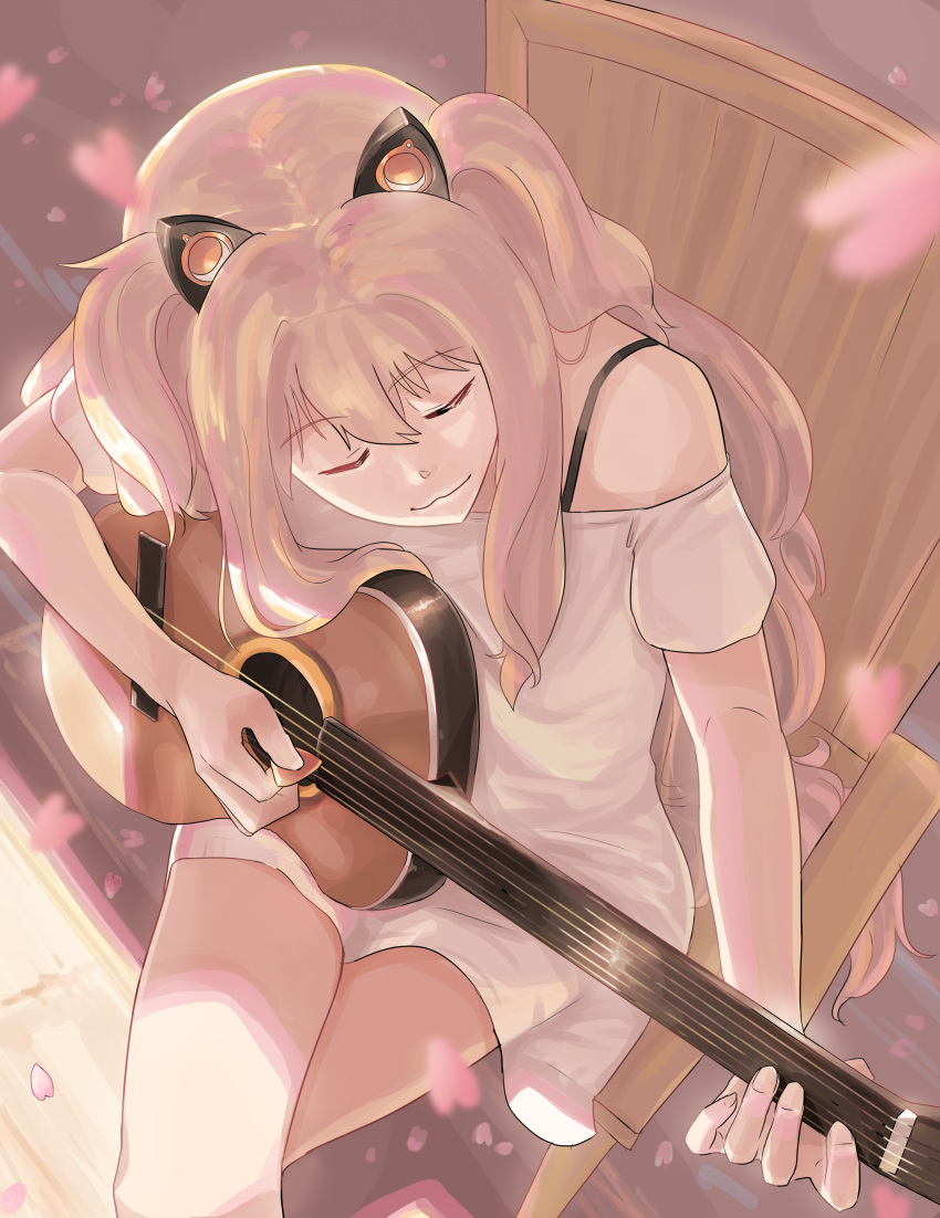 1girl absurdres animal_ears bare_legs bare_shoulders blonde_hair cat_ears cherry_blossoms closed_eyes crossed_legs highres kamille_(vcx68) long_hair off-shoulder_dress playing_instrument seeu sitting smile solo spaghetti_strap vocaloid