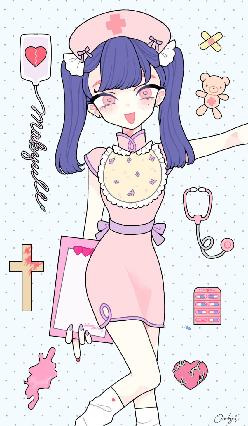 1girl :d bandaid bangs blood blood_splatter character_name clipboard cross earrings hat heart heart-shaped_pupils highres intravenous_drip jewelry looking_at_viewer loose_socks makyuuu_(mmdy) middle_finger nurse_cap open_mouth original pill polka_dot polka_dot_background purple_hair red_eyes signature smile socks solo stethoscope stuffed_animal stuffed_toy symbol-shaped_pupils teddy_bear tight_dress twintails veins