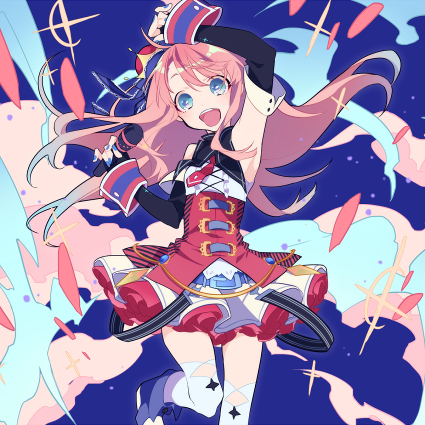1girl :d arm_up belt blue_eyes blue_nails detached_sleeves highres long_hair looking_at_viewer microphone nail_polish necktie open_mouth original pink_hair skirt smile smoke solo thigh-highs yamada_kei