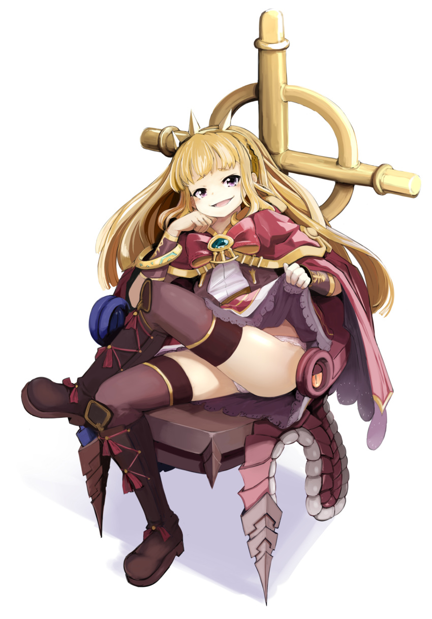 1girl blonde_hair boots bow bracer cagliostro_(granblue_fantasy) cape chin_rest crossed_legs granblue_fantasy grin headgear highres knee_boots momo_(higanbana_and_girl) panties pink_eyes skirt skirt_lift smile solo thigh-highs throne underwear