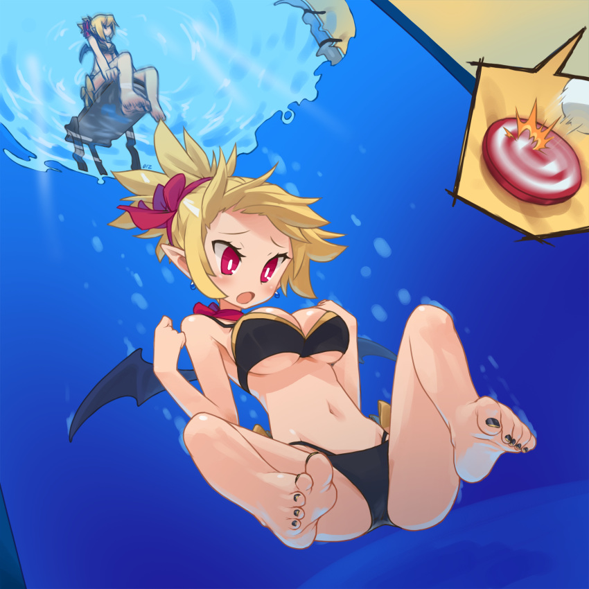 1girl barefoot bikini black_nails blonde_hair blush breasts bright_pupils choker comic demon_girl demon_wings disgaea dunk_tank earrings highres jewelry large_breasts makai_senki_disgaea_2 mini_wings nail_polish navel open_mouth orz_(orz57) pointy_ears red_eyes ribbon_choker rozalin scrunchie silent_comic sinking solo swimsuit toe_scrunch toenail_polish under_boob underwater wings