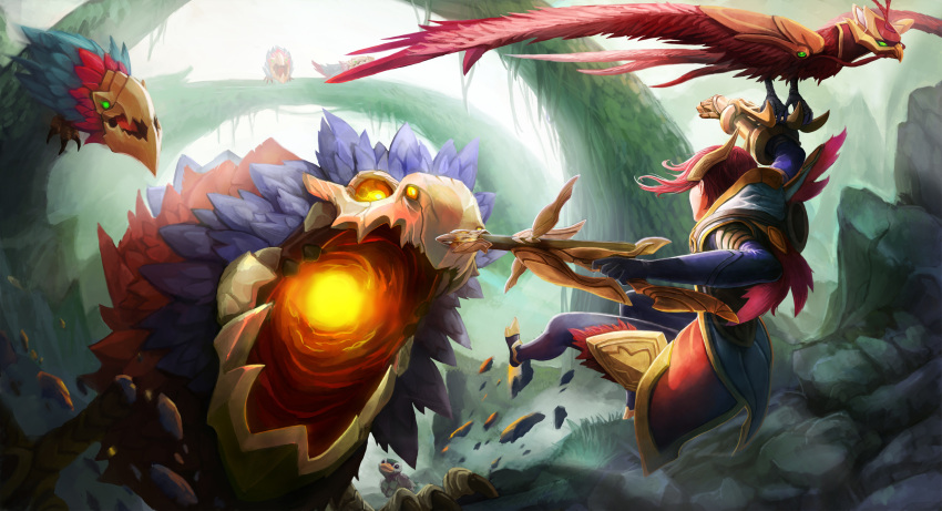 alternate_hair_color bird bow_(weapon) crossbow facing_away gameplay_mechanics gauntlets hairpiece highres hood league_of_legends long_hair monster open_mouth pink_hair quinn tagme valor_(league_of_legends) weapon wing_(wingho)