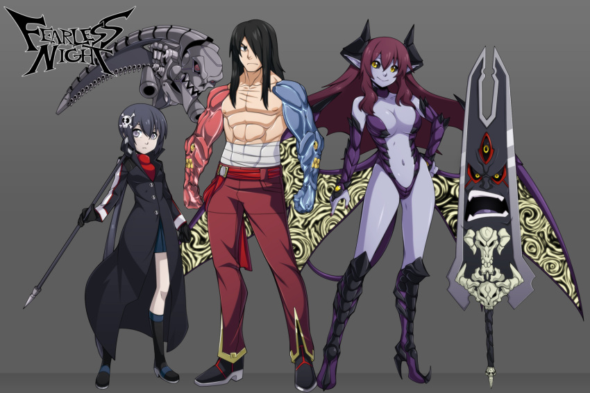 1boy 2girls abs black_gloves black_hair black_sclera boots breasts bridal_gauntlets choker demon_girl demon_horns demon_tail demon_wings elbow_gloves fearless_night fernandez_(fearless_night) gloves grey_eyes hair_ornament hair_over_one_eye height_difference hell_princess highres horns huge_weapon knee_boots large_breasts lineup long_coat long_hair low_wings mechanical_arms multiple_girls muscle navel official_art pale_skin poco_muerte pointy_ears pointy_shoes purple_hair purple_skin revealing_clothes sarashi scythe shirtless shoes skirt skull_hair_ornament spike_wible standing tail weapon wings yellow_eyes