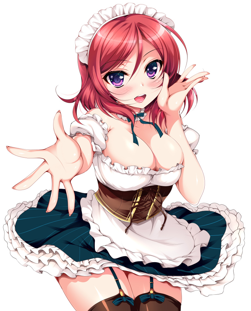 1girl absurdres alternate_costume breasts cleavage enmaided garter_straps highres love_live!_school_idol_project maid ninoko nishikino_maki open_mouth redhead short_hair simple_background smile solo thigh-highs violet_eyes