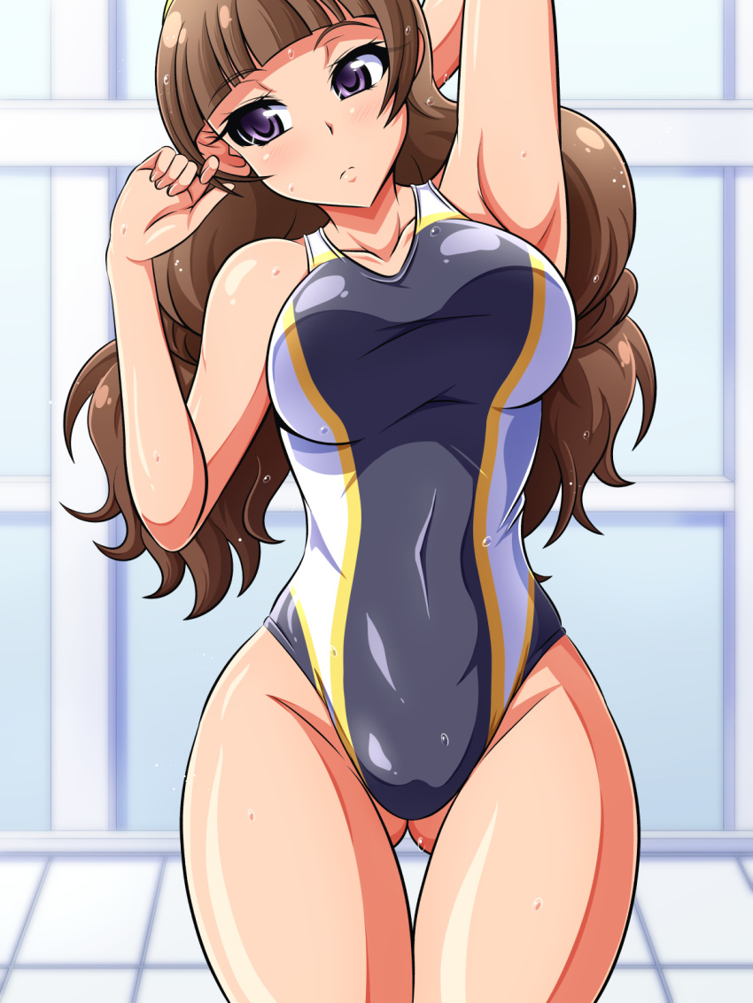 1girl amanogawa_kirara aokura_shou breasts brown_hair competition_swimsuit go!_princess_precure highres large_breasts long_hair one-piece_swimsuit precure swimsuit violet_eyes