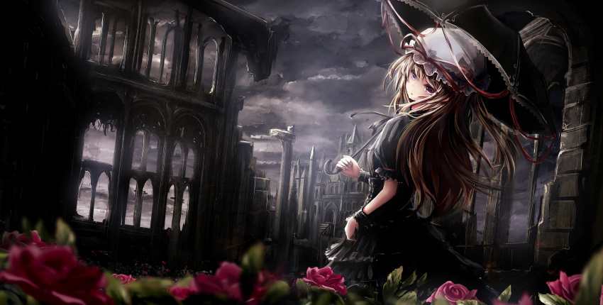 1girl absurdres album_cover alternate_costume arch architecture backlighting blonde_hair blurry church clouds cloudy_sky commentary_request corset cover depth_of_field dress expressionless flower from_behind gothic_lolita hat hat_ribbon highres light_rays lolita_fashion long_hair looking_back looking_to_the_side missile228 mob_cap pillar puffy_short_sleeves puffy_sleeves purple_dress ribbon ruins short_sleeves sky small_breasts solo stairway sunlight touhou umbrella violet_eyes wrist_cuffs yakumo_yukari