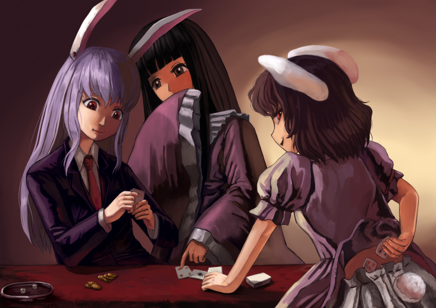3girls amibazh animal_ears arm_behind_back black_hair bloomers brown_eyes bunny_tail card cheating_(competitive) coin covering_mouth dice dress gradient gradient_background hands_in_sleeves highres houraisan_kaguya inaba_tewi lavender_hair light_smile lips long_hair long_sleeves multiple_girls necktie parted_lips playing_card pointing rabbit_ears red_eyes reisen_udongein_inaba short_hair side_glance simple_background suit_jacket table tail touhou underwear very_long_hair