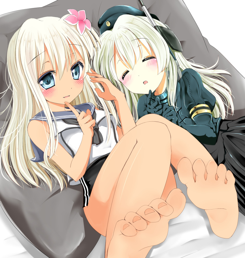 2girls bare_shoulders barefoot blonde_hair blue_eyes closed_eyes crop_top drooling flower hair_between_eyes hair_flower hair_ornament highres kantai_collection long_hair long_sleeves multiple_girls neckerchief open_mouth ro-500_(kantai_collection) school_swimsuit school_uniform serafuku shirt sleeping sleeveless sleeveless_shirt swimsuit swimsuit_under_clothes takahasiy u-511_(kantai_collection)