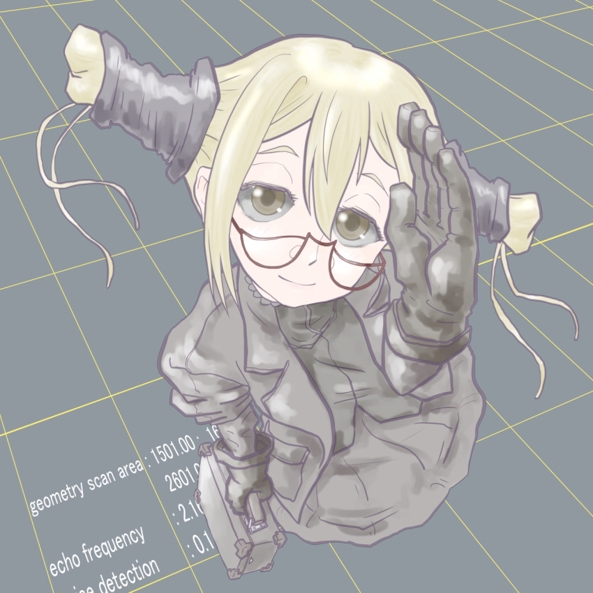 1girl blonde_hair glasses gloves grid highres robin_sena robotics;notes twintails witch_hunter_robin yellow_eyes