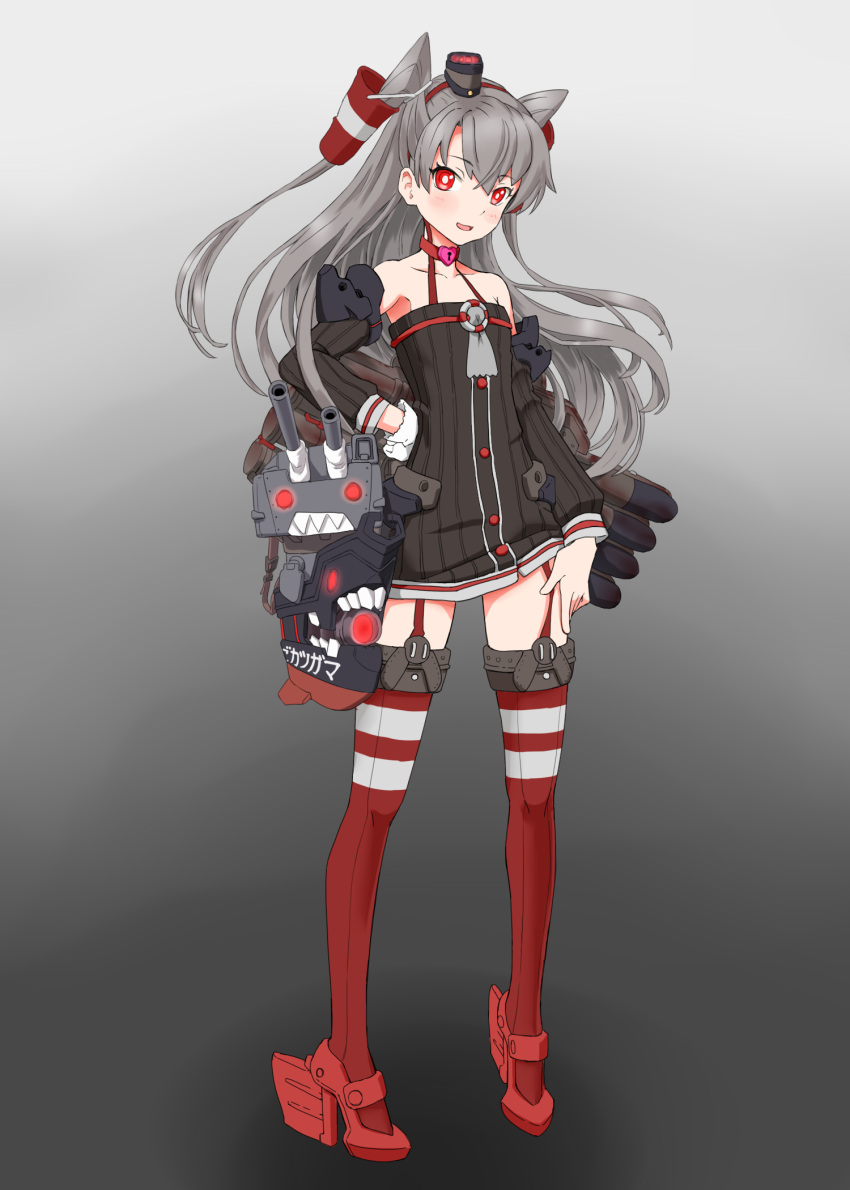 1girl :d adapted_costume amatsukaze_(kantai_collection) bare_shoulders brown_dress choker detached_sleeves dress garter_straps gloves glowing glowing_eyes gradient gradient_background hair_tubes hand_on_hip hand_on_thigh headgear high_heels highres jewelry kantai_collection locket looking_at_viewer machinery open_mouth pendant rabinidaddo red_eyes red_legwear red_shoes rensouhou-kun ribbed_dress shoes silver_hair single_glove smile strapless_dress striped striped_legwear thigh-highs tube_dress two_side_up white_gloves