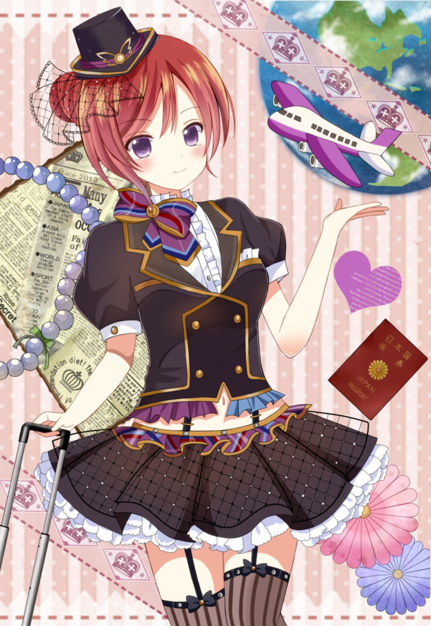 1girl airplane hat highres looking_at_viewer love_live!_school_idol_project nishikino_maki passport redhead ryoutan short_hair smile solo thigh-highs violet_eyes