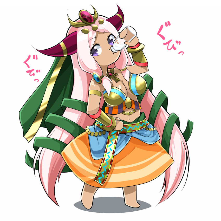 1girl ankh armlet bare_shoulders barefoot bottle bracer breasts cleavage cow_horns dark_skin drinking egyptian gochiwa hair_ornament hand_on_hip hathor_(p&amp;d) highres holding horns jewelry large_breasts long_hair long_skirt milk milk_bottle mound_of_venus navel necklace orange_skirt pink_hair puzzle_&amp;_dragons skirt solo very_long_hair violet_eyes